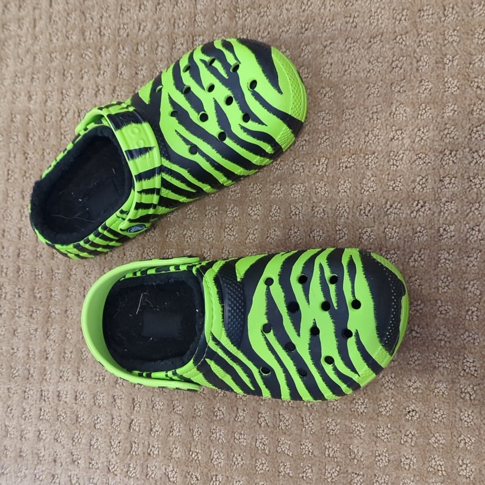 Crocs neon green and black zebra print shoes